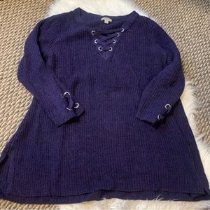 style & co navy blue sweater tie front 90s casual warm Size XL